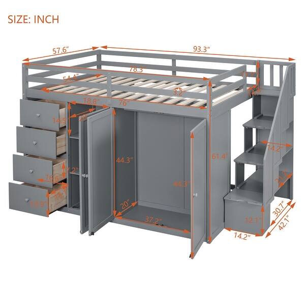 dimension image slide 0 of 2, Full Wood Loft Bed With Built-in Wardrobes, Cabinets & Drawers