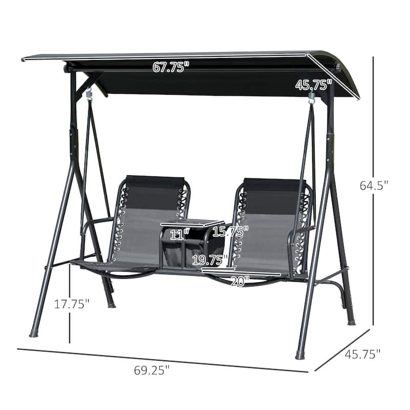 2-Seater Porch Swing with Pivot Table, Cup Holder, Adjustable Canopy