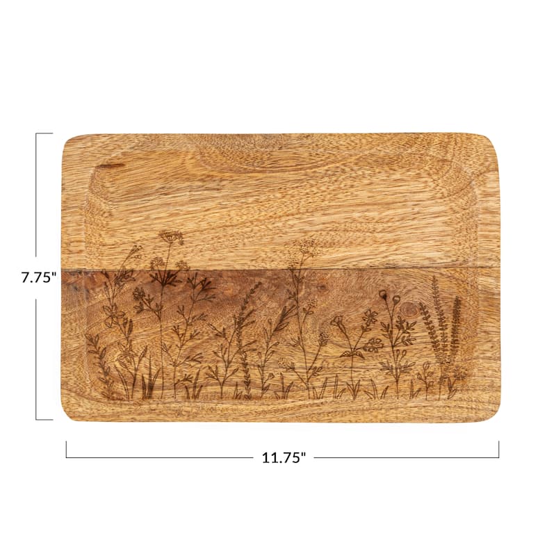 Mango Wood Tray with Laser Etched Botanicals - 11.8"L x 7.8"W x 1.0"H - 11.8"L x 7.8"W x 1.0"H