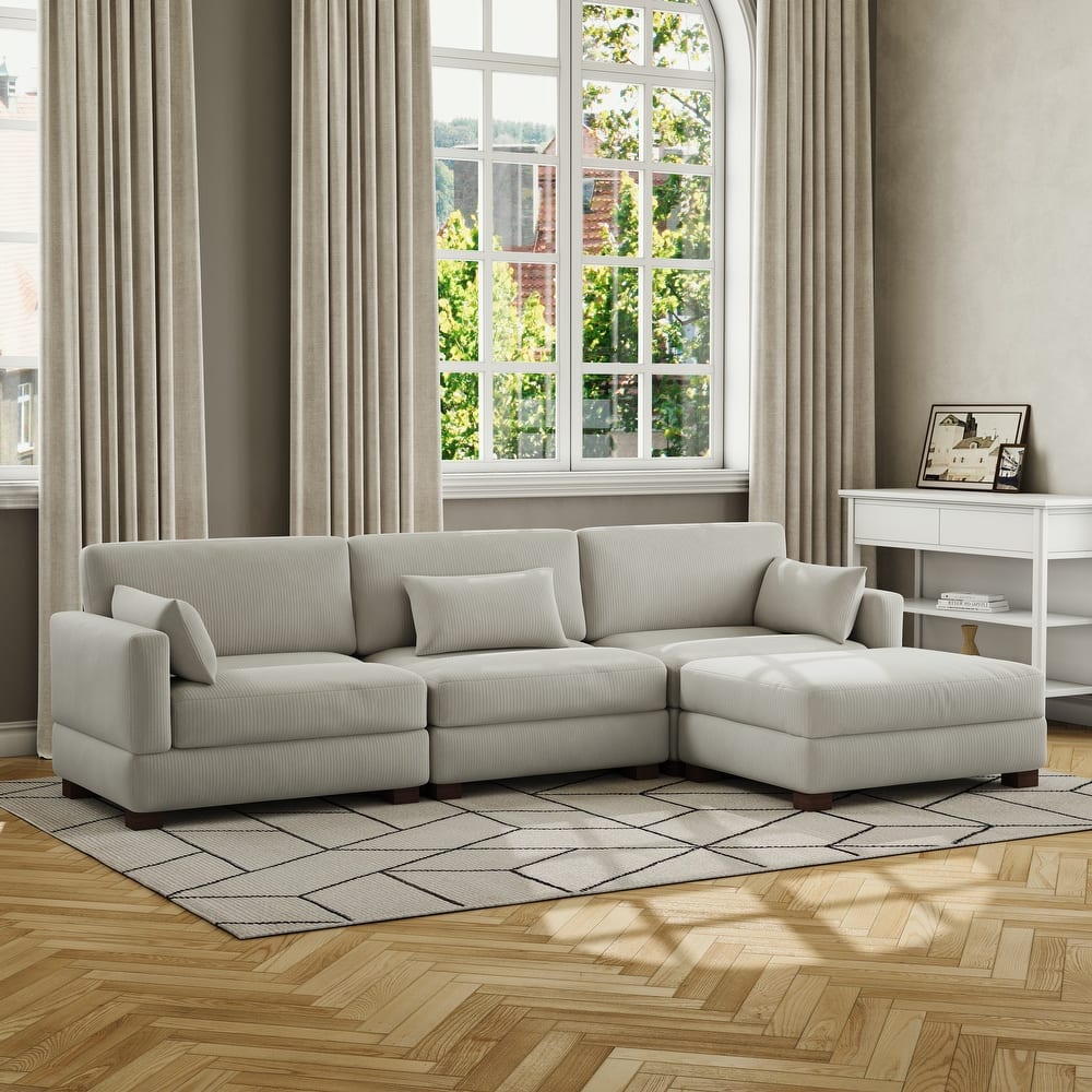 Corduroy Modular Sectional Sofa with Ottoman and Pillows