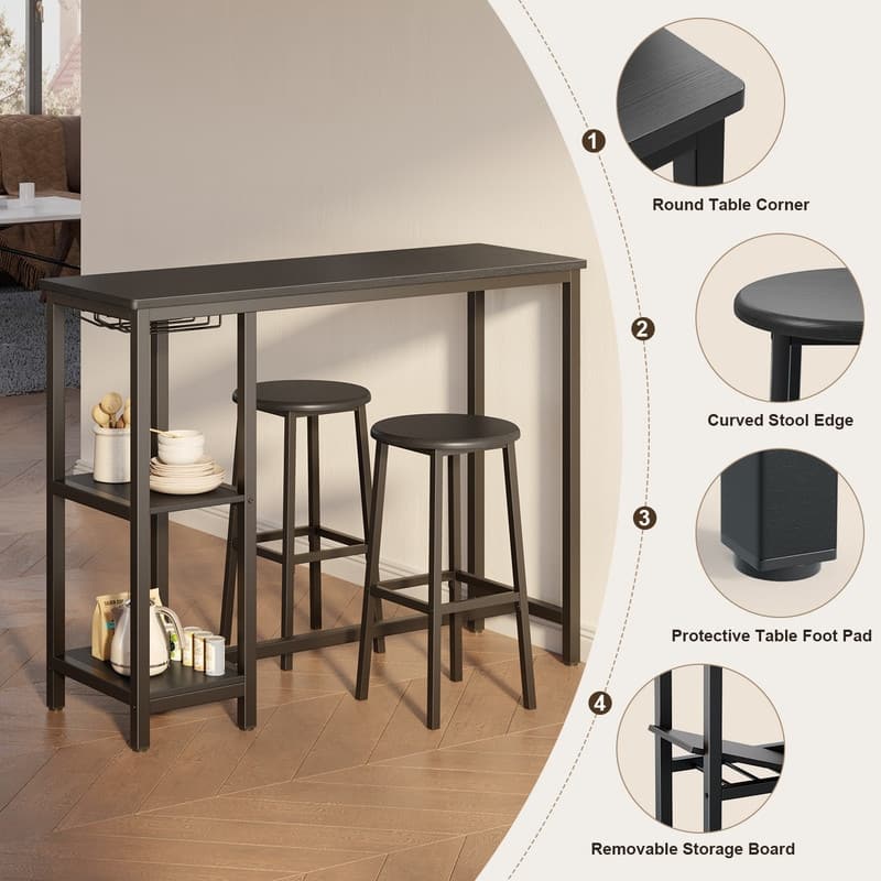 Bar Table Set with 2 Stools for Breakfast Nook, Dining Room, Living Room, Kitchen, Dining Hall