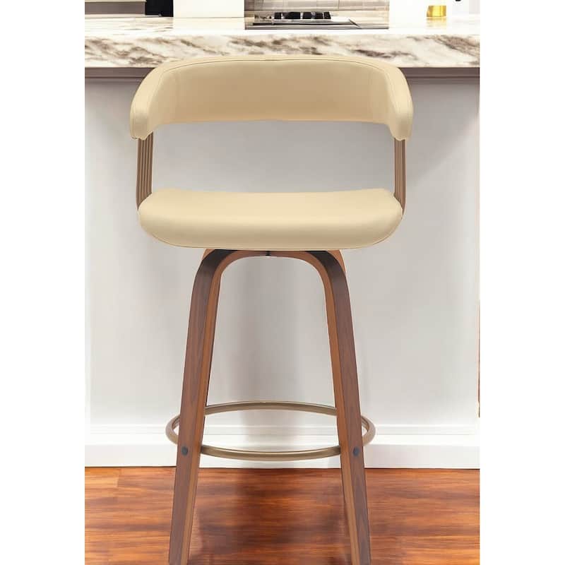 26" Cream And Wood Brown Faux Leather Swivel Counter Height Bar Chair - Cream