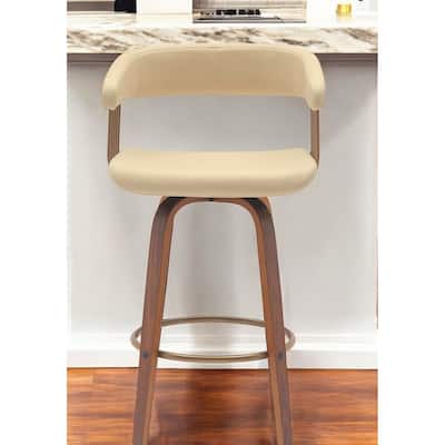 26" Cream And Wood Brown Faux Leather Swivel Counter Height Bar Chair