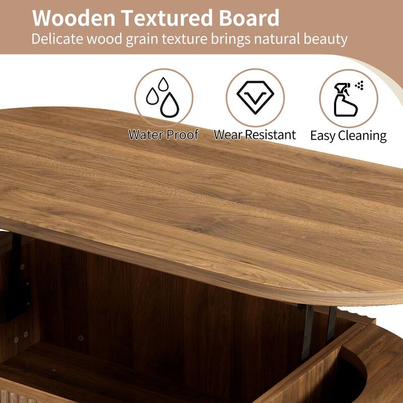 Fluted Lift Top Coffee Table with Hidden Compartment, Wooden Center Table, Modern Oval Lift Tabletop for Home Living Room