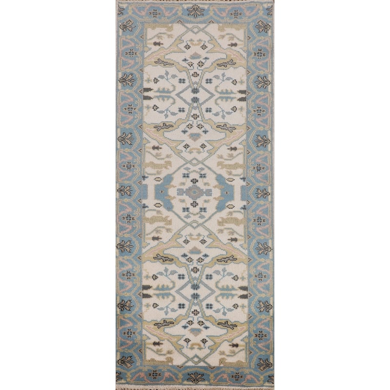 Ivory & Light Blue Oushak Oriental Runner Rug Hand-Knotted Wool Carpet - 2'7"x 7'9"
