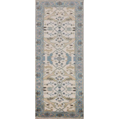 Ivory & Light Blue Oushak Oriental Runner Rug Hand-Knotted Wool Carpet - 2'7"x 7'9"