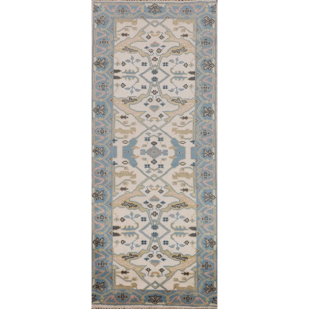Ivory & Light Blue Oushak Oriental Runner Rug Hand-Knotted Wool Carpet - 2'7"x 7'9"