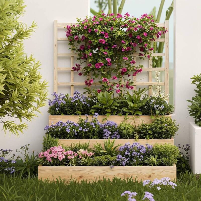 3-Tier Raised Bed, Garden Planter Box with Climbing Trellis - 1 PC