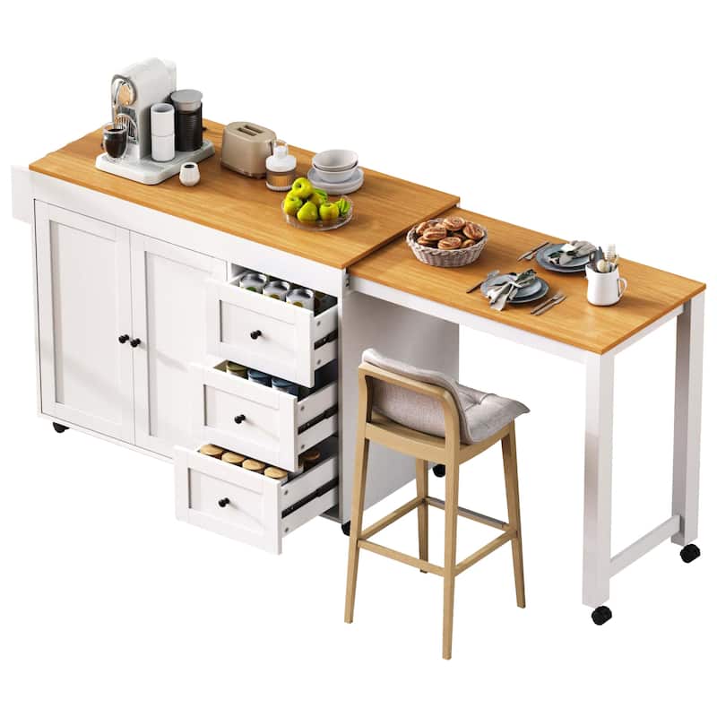 Extendable Dining Table, Rolling Kitchen Island with Power Outlet, Kitchen Storage Cabinet with Adjustable Shelve
