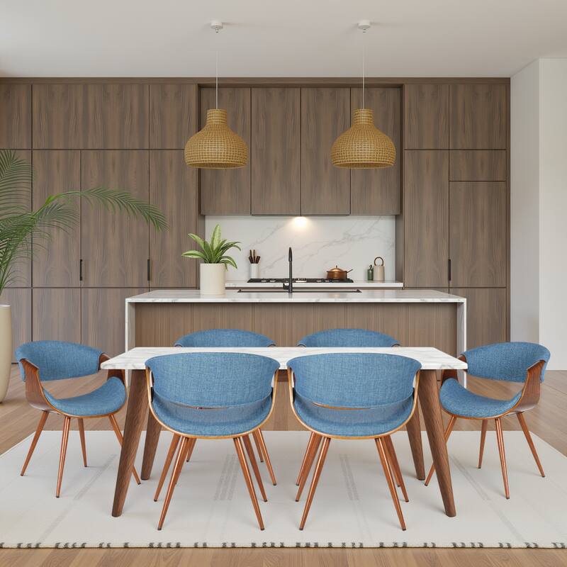 Carson Carrington Skibby Wood and Fabric Mid-century Dining Chair - Blue & Walnut - Set of 6