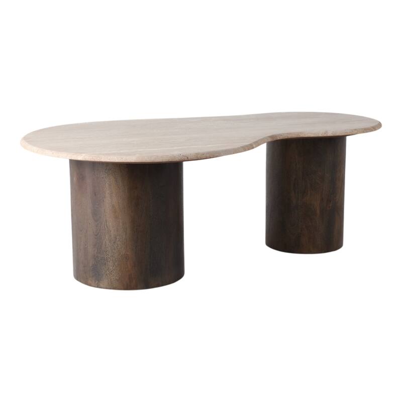 Mango Wood Travertine Curvy Top Coffee Table - Brown, 16" - 48.0"