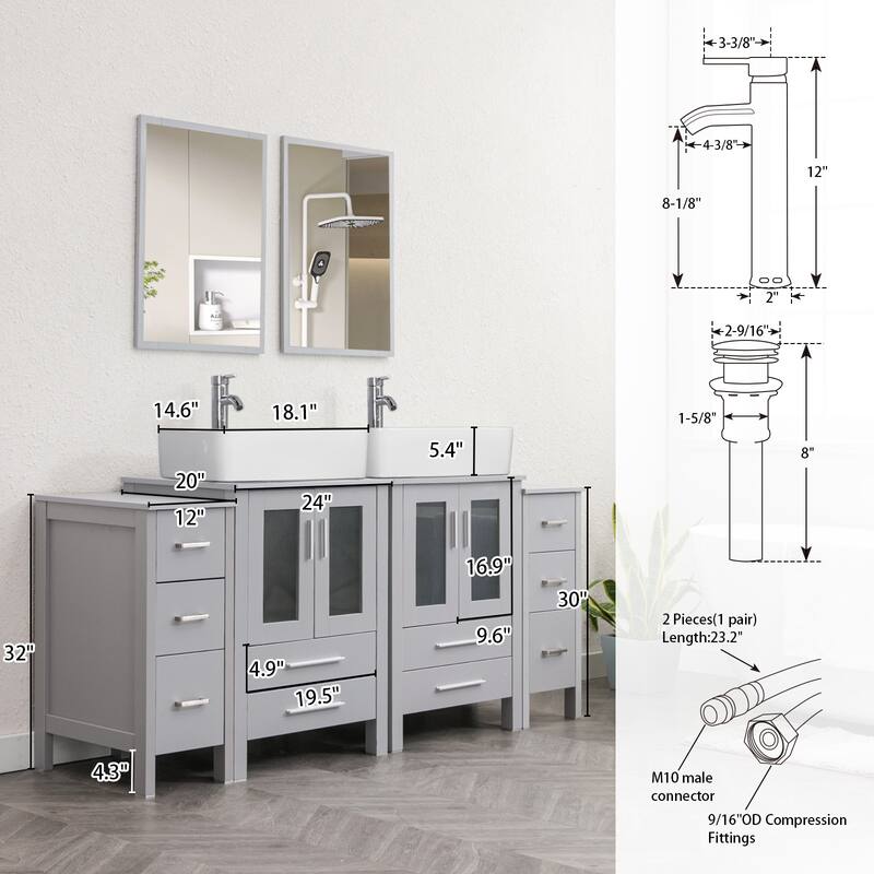72" Bathroom Vanity Set Glass Ceramic Vessel Sink Side Cabinet Combo