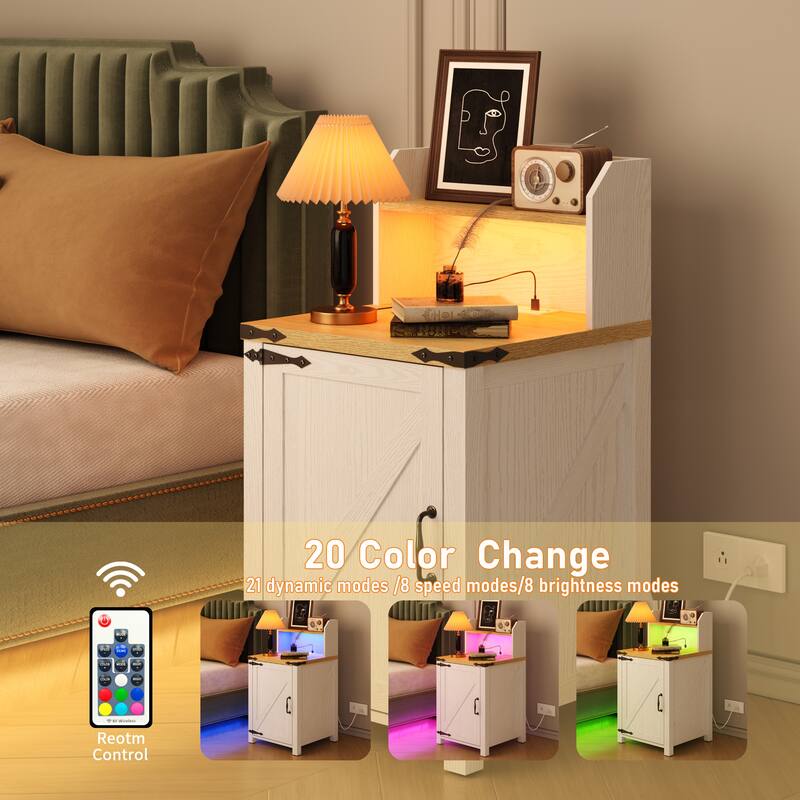 Anmytek Rustic Barn Door Nightstand,End Table with Outlets USB Charging Station LED Lights Storage Cabinet