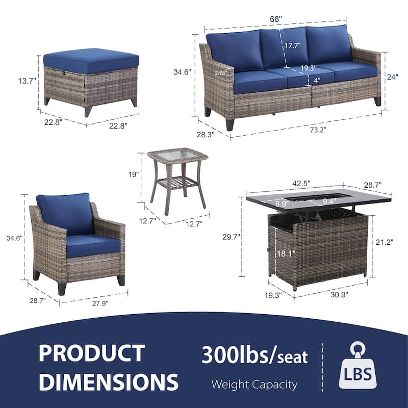 Glissia 7-Piece Gray Wicker Fire Pit Conversation Set with height-adjustable fire pit