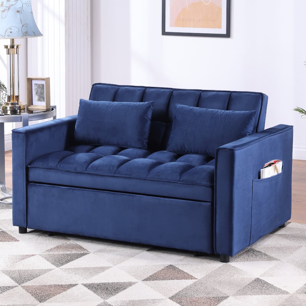 Modern 70" L 3-in-1 Multi-Functional Blue Sleeper Sofa with Iron Frame Pull-Out Loveseat