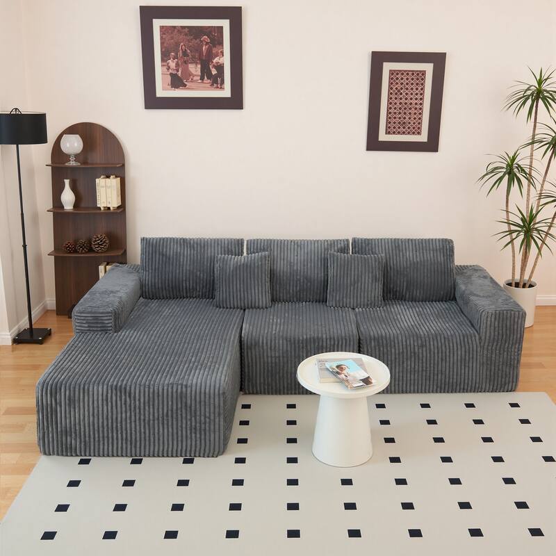 Modular Sectional Sofa with L-Shape Chaise, Full-Compressed Boneless Cloud Sofa, Corduroy Upholstered 3 Seater Sofa
