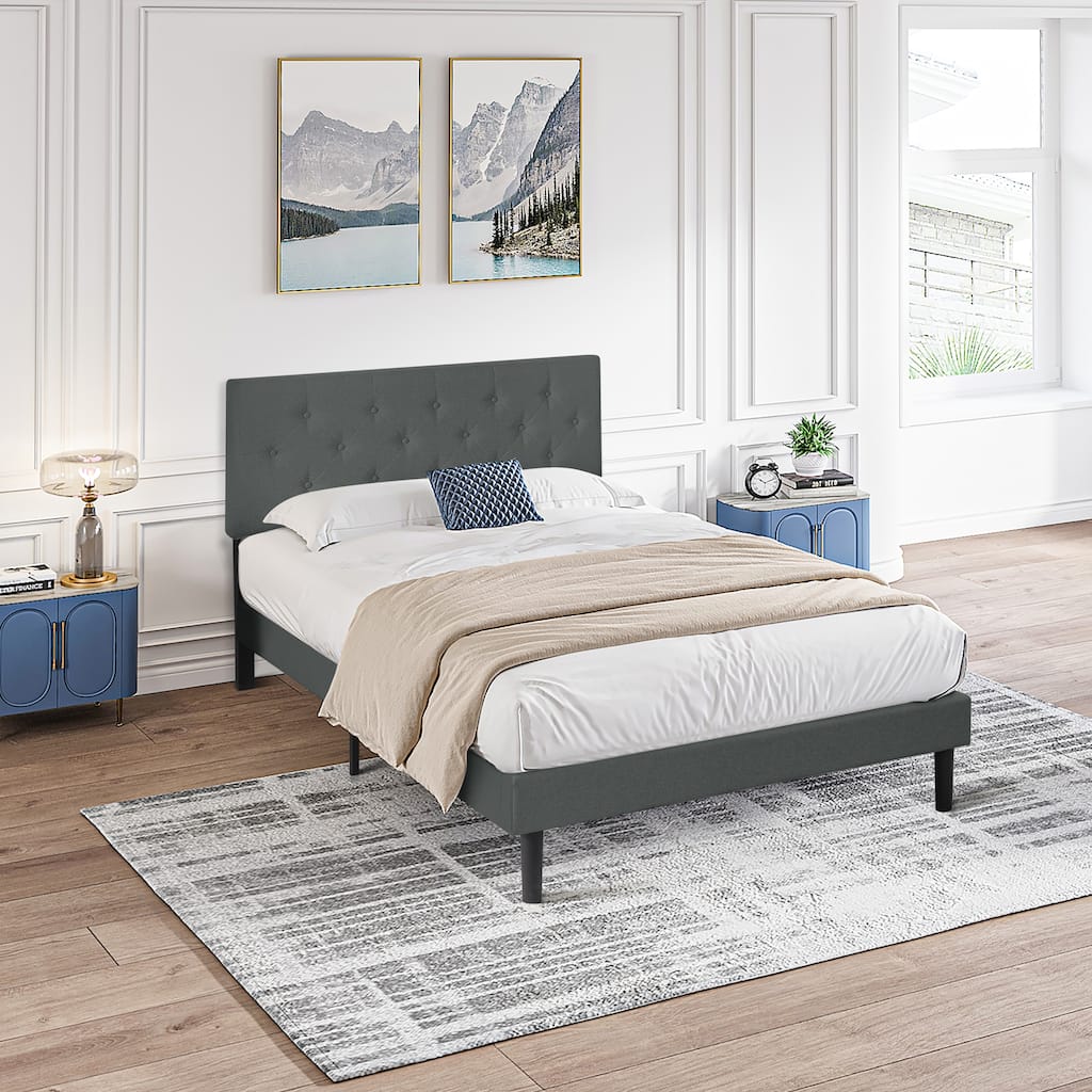 Queen Size Upholstered Platform Bed with Tufted Linen Headboard, Wood Slat Support, Dark Grey