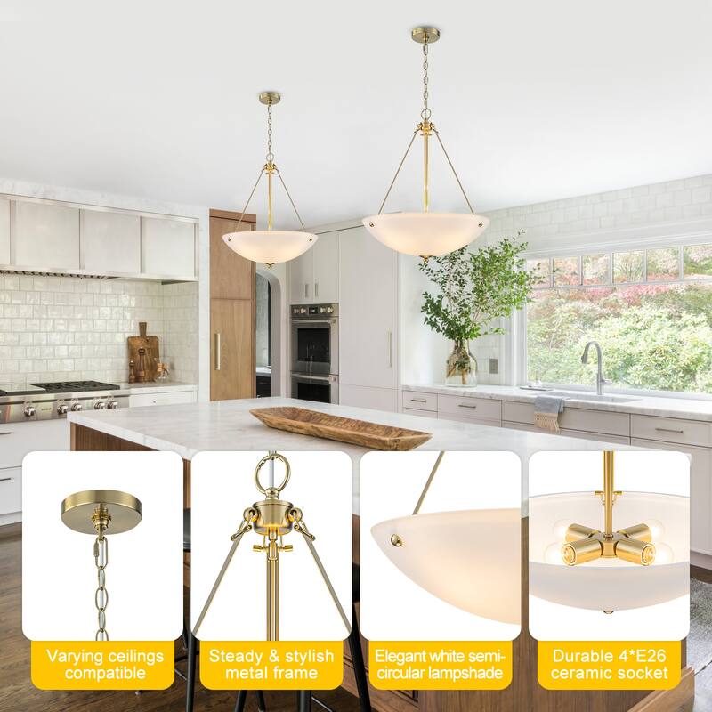 Gold Inverted 4-Light Modern Gold Inverted Pendant Chandelier Frosted Glass Dome ...