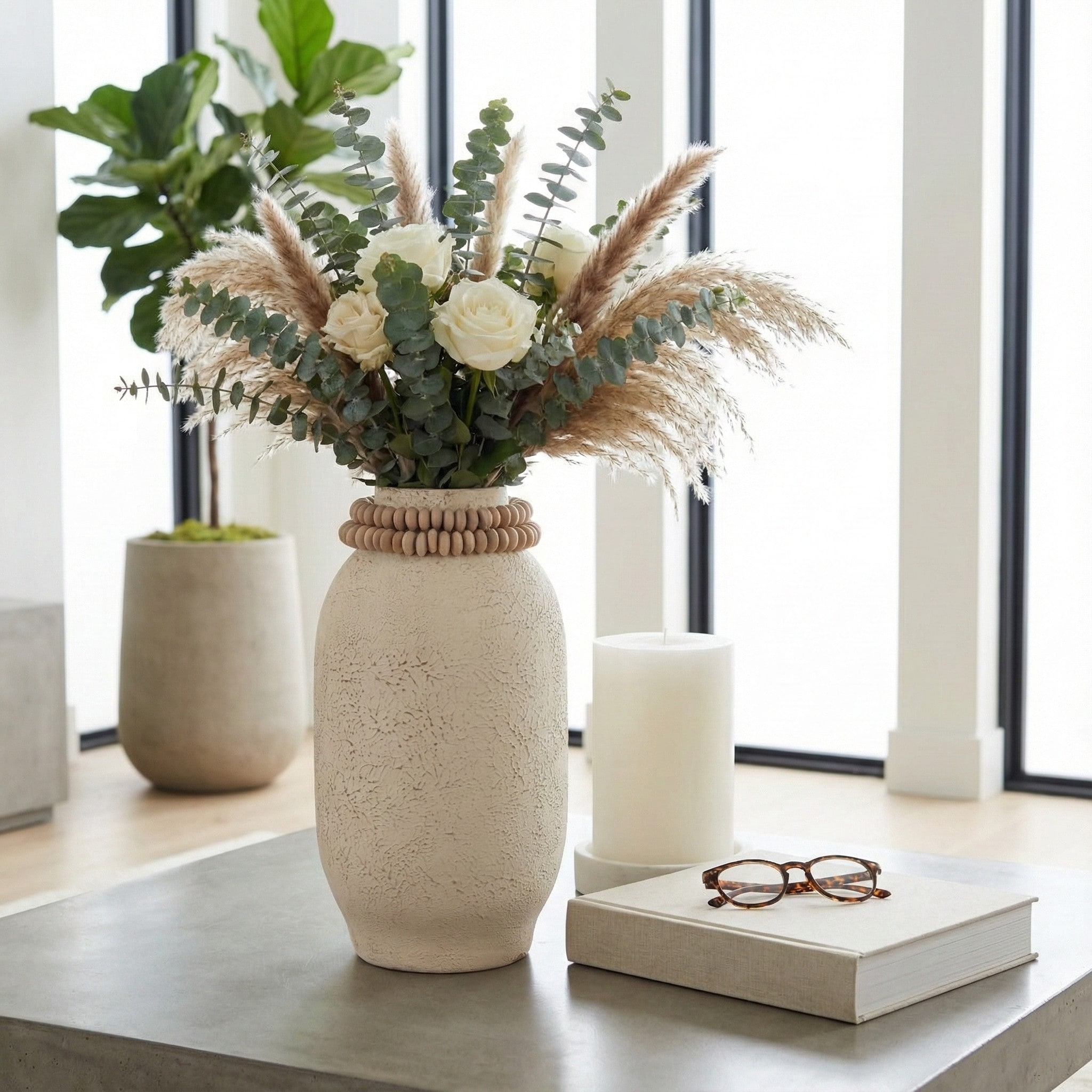 Decorative Vase - Ivory Wood Textured Surface, 16 in.