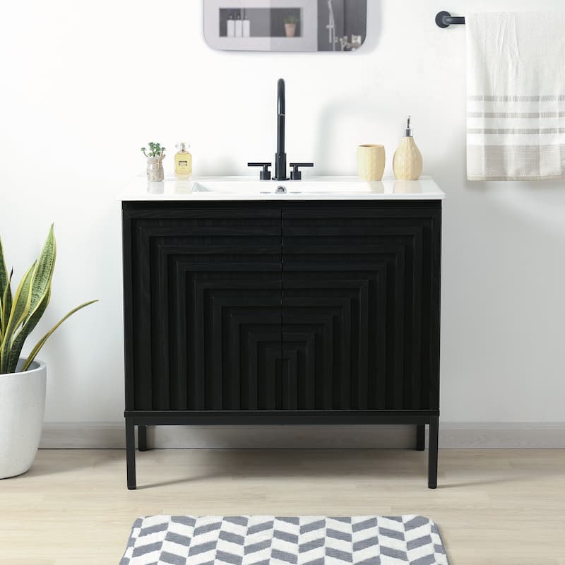 Rowan Geometric Modern Transitional 2-Shelf Bath Vanity Cabinet Only (Sink Basin Not Included), By JONATHAN Y - Black - 36"W x 18"D x 33"H