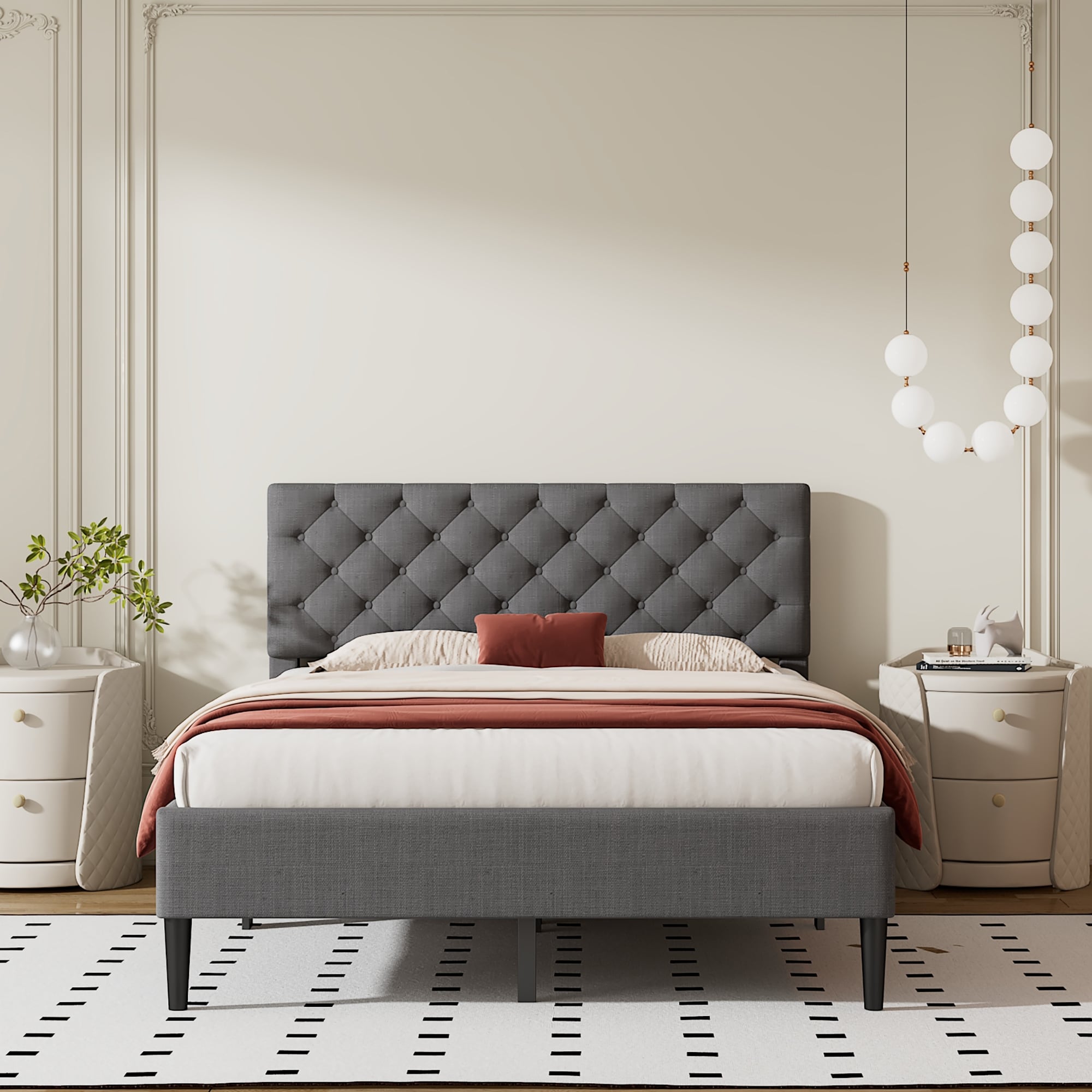 Grey tufted headboard store platform bed