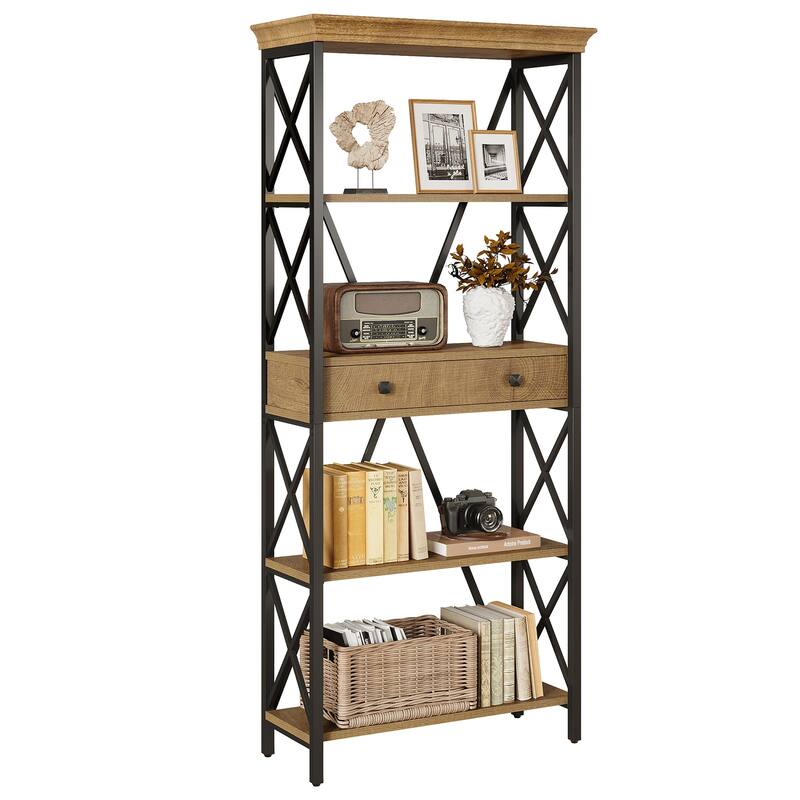 70.9" Wood Bookshelf with Drawers, Open Storage Shelf Bookcase, Living Room Office Bedroom Display Accent Shelf