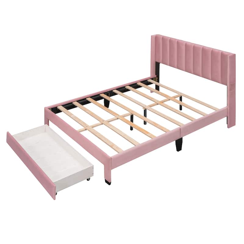 Pink Queen Platform Bed in Velvet Upholstery with Headboard and Drawer - Sturdy Wood Frame