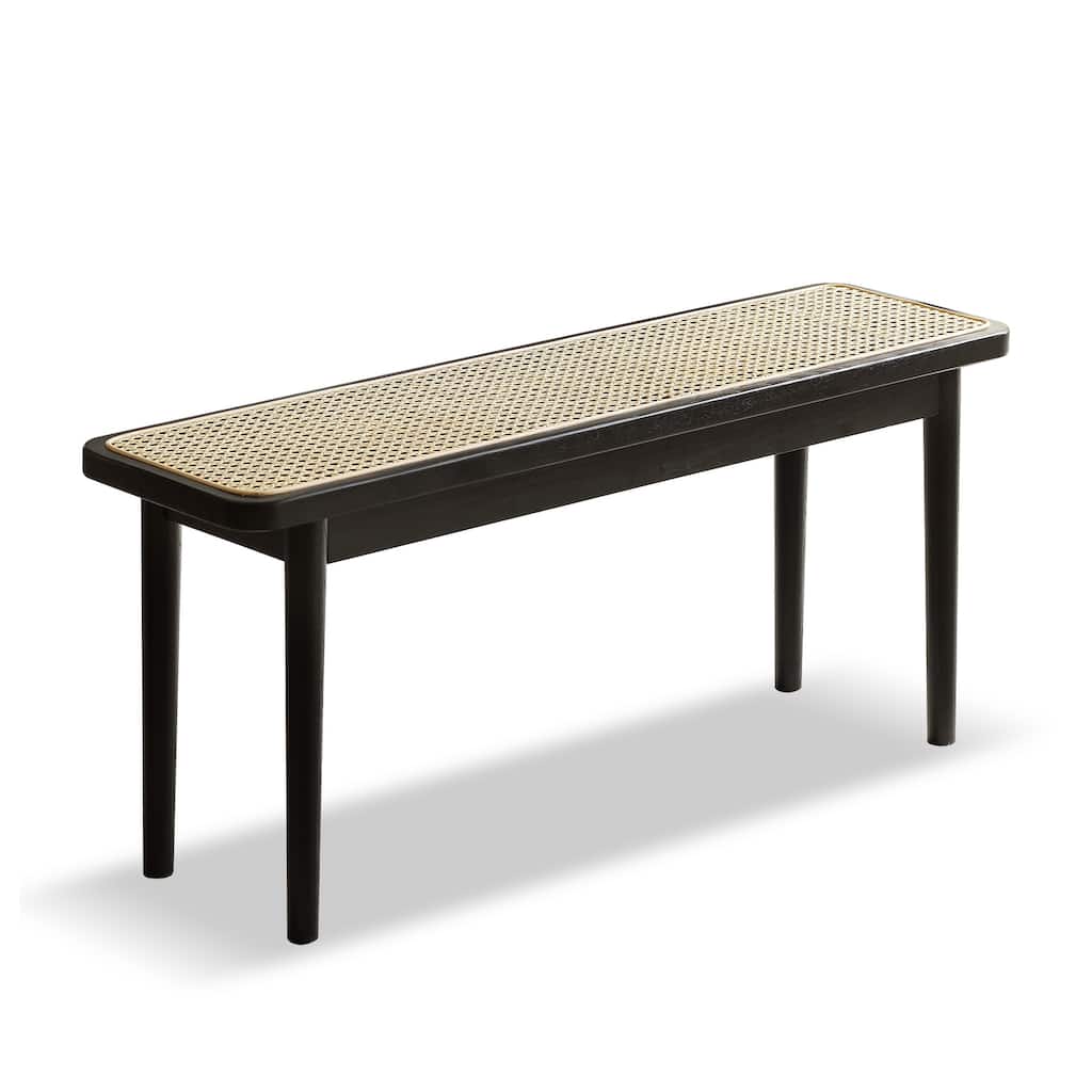 Modern Style Solid Oak Wood Dining Bench with Rattan Detail, Modern Bench for Bedroom End of Bed, Entryway Bench, Rattan Bench