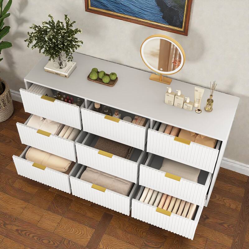 Modern 9 Drawer Dresser with Wavy Drawer Fronts, 63 Inch Wide Wooden Chest of Drawers for Bedroom Living Room