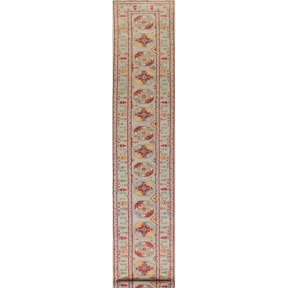 Hand Knotted Oriental 100% Wool Carpet Traditional Geometric Multi-Colored Kazak Runner Rug - 19' 10'' X 2' 6''