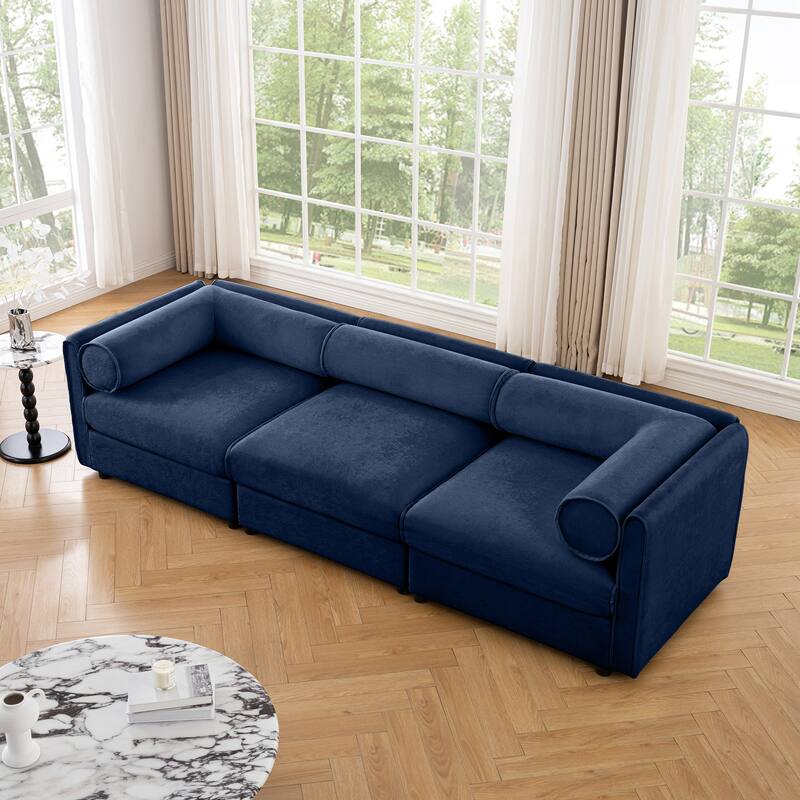 Modern 3 Deep Seat Modular Sofa with Storage, Cylindrical Backrest & Armrests