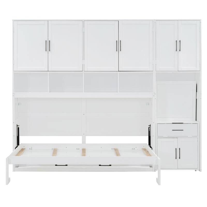 Twin Size Murphy Bed Wall Bed with Closet, Drawers, and Desk, White Finish, Space-Saving Multifunctional Design