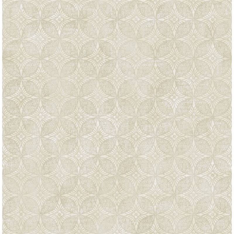 Seabrook Designs Woodcroft Tile Medallion Unpasted Wallpaper - 20.5 in. W x 33 ft. L - Metallic Alabaster