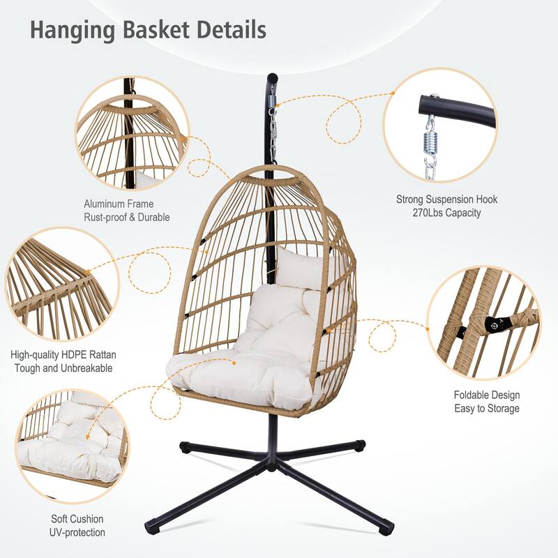 Outdoor Egg Hanging Chair, Swing Chair with Stand & Aluminum-Steel Frame, Patio Rattan Wicker Hanging Swing Egg Chair