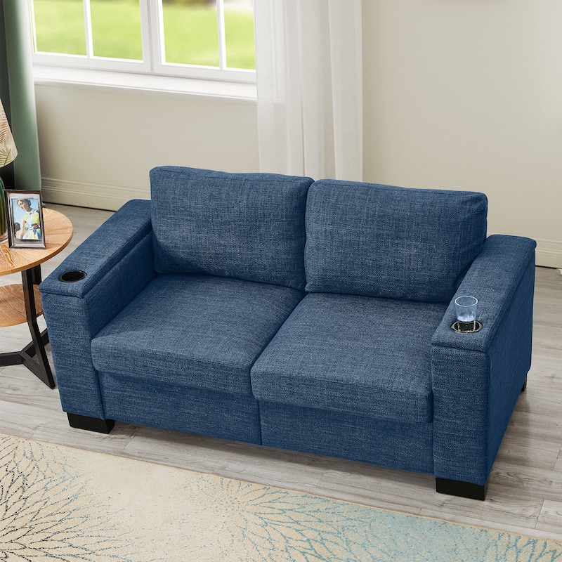 Roomfitters 67.7" Modern Loveseat with Square Armrests, Upholstered Fabric Couch with Cup Holder and Storage for Living Room