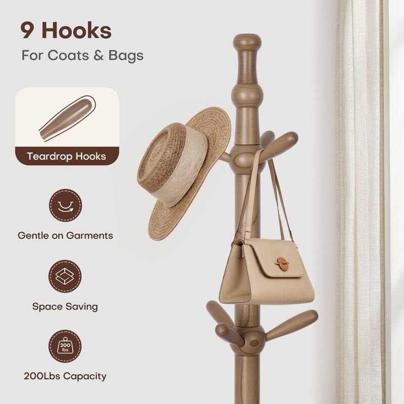 Solid Wood Freestanding Coat Rack Hanger, Coat Tree with 9 Hooks - 74"H x19.29"W