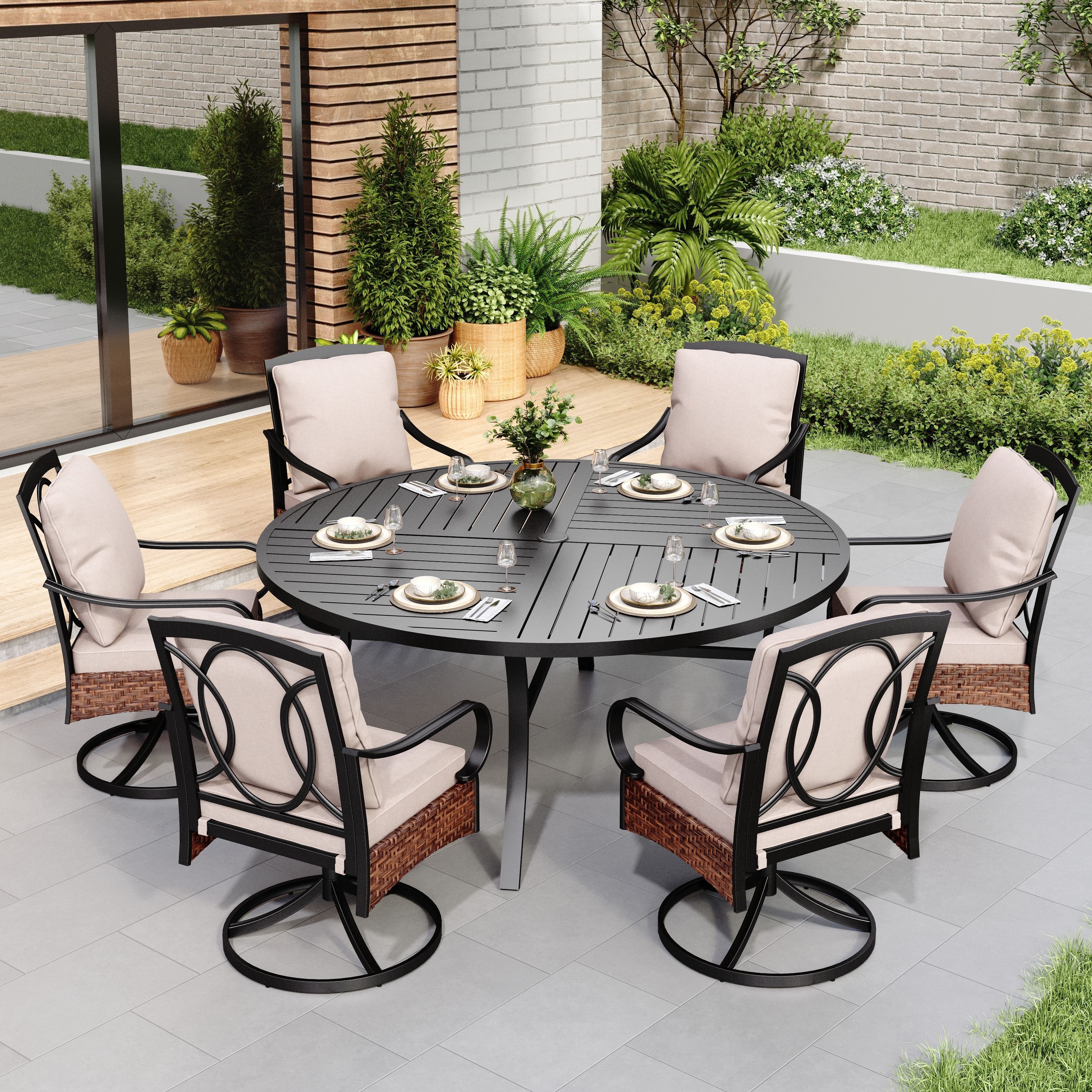 MAISON ARTS 7/9 Pieces Patio Dining Set with Rattan Swivel Chairs and Large Round Dining Table
