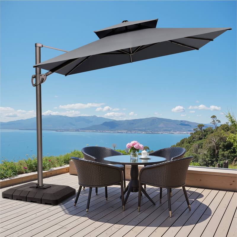 9 x 12 ft Double Top Patio Cantilever Umbrella with Base, 360-degree Rotation
