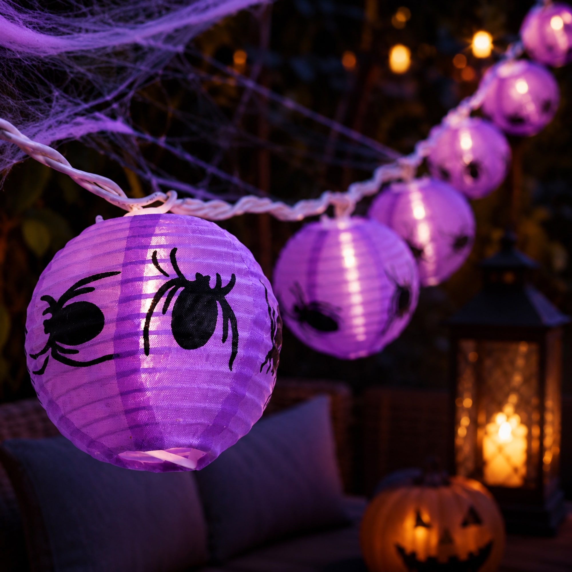 10 Purple Black Spider Paper Lantern Halloween Lights 8.5ft White Wire
