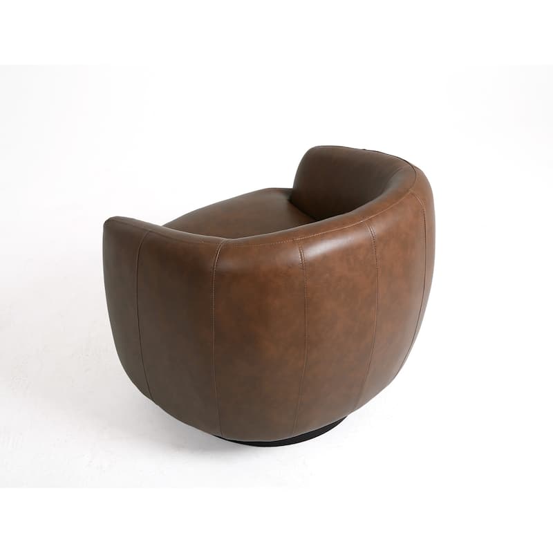 Leather Upholstered Swivel Barrel Accent Chair With Wood Base