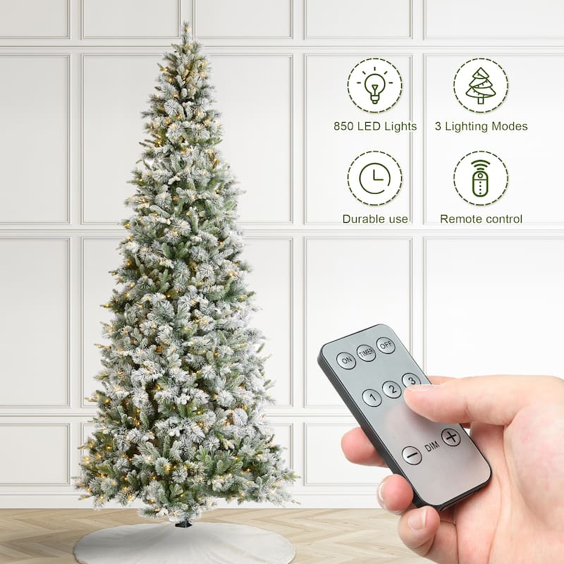 Glitzhome 11ft Pre-Lit Flocked Slim Pine Artificial Christmas Tree with 850 Lights and Foot Pedal