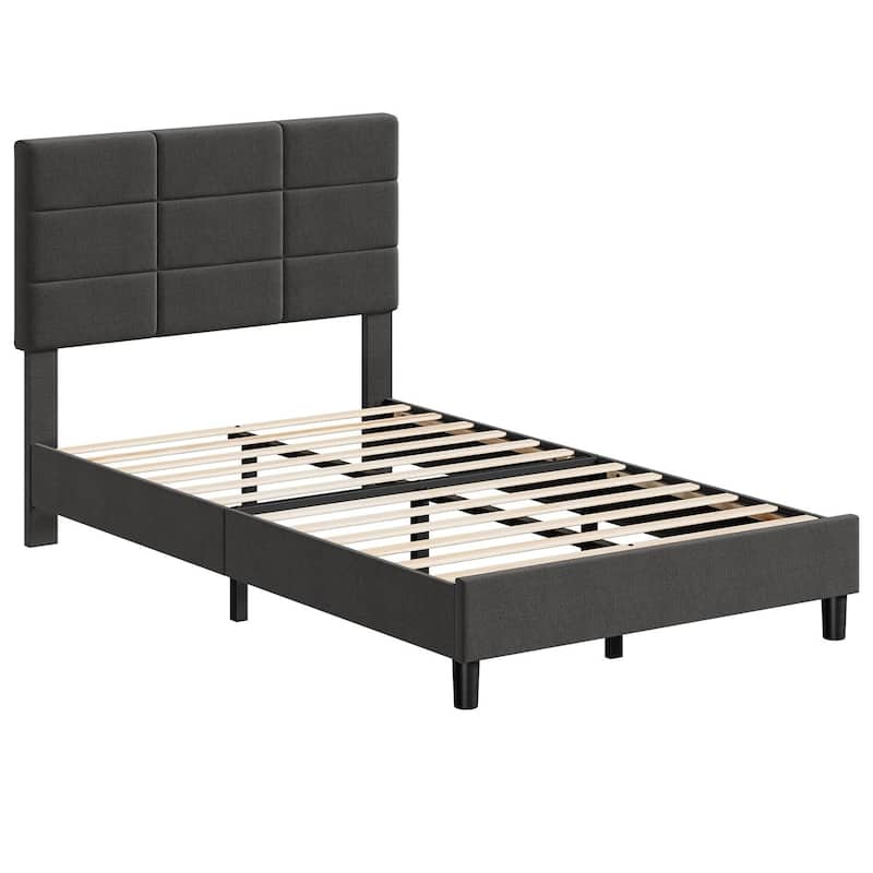 Linen Upholstered Twin Bed Frames with Solid Wooden Slats Support