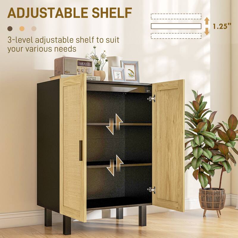Sideboard Buffet Cabinet with 2-Rattan Doors, Adjustable Shelves, Boho Kitchen Storage Cabinet for Living Room, Black & Natural