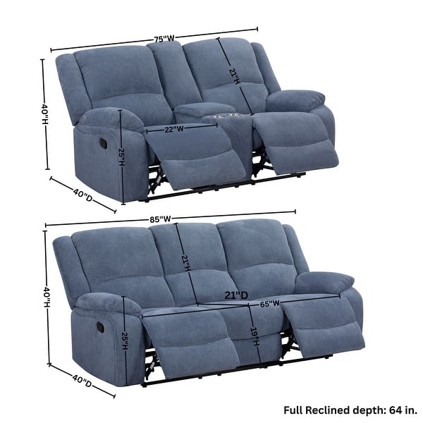 dimension image slide 1 of 2, Roundhill Furniture Blitz Transitional 2-Piece Living Room Reclining Set, Sofa and Loveseat