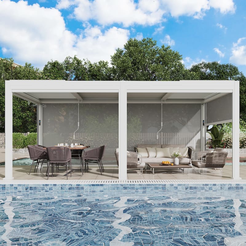 EROMMY Outdoor Louvered Pergola Gazebo with Adjustable Aluminum Rainproof Roof and Pull-Down Screen - 10'x20' Electric&LED - White
