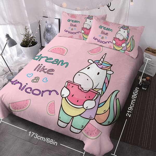 slide 2 of 13, 3-Piece Unicorn Watermelon Duvet Cover Set for Queen Size Bedding Pink
