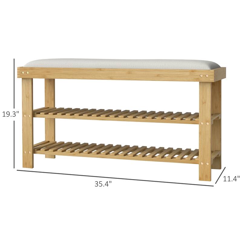 HOMCOM Bamboo Shoe Bench, 3-Tier Entryway Bench with Storage and Cushion, Shoe Organizer for Entryway, Hallway