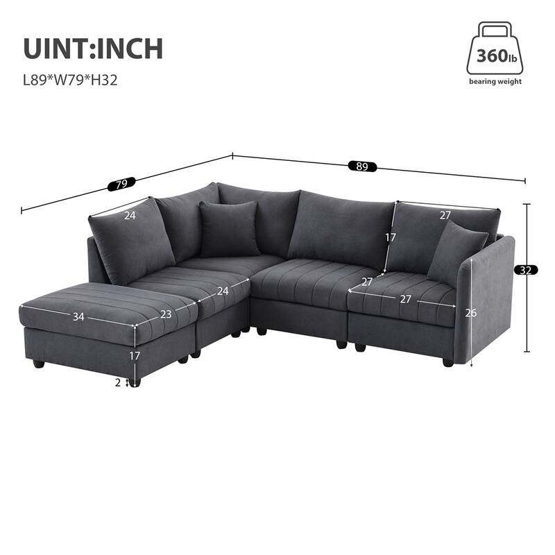 Modern L-Shape 5-Seat Sectional Sofa w/ 2 Pillows, Convertible Ottoman