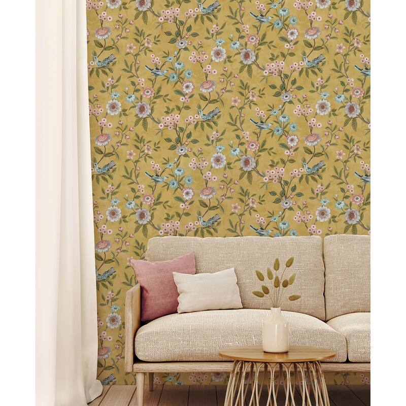 Fine Decor Elspeth Mustard Floral Trail Wallpaper