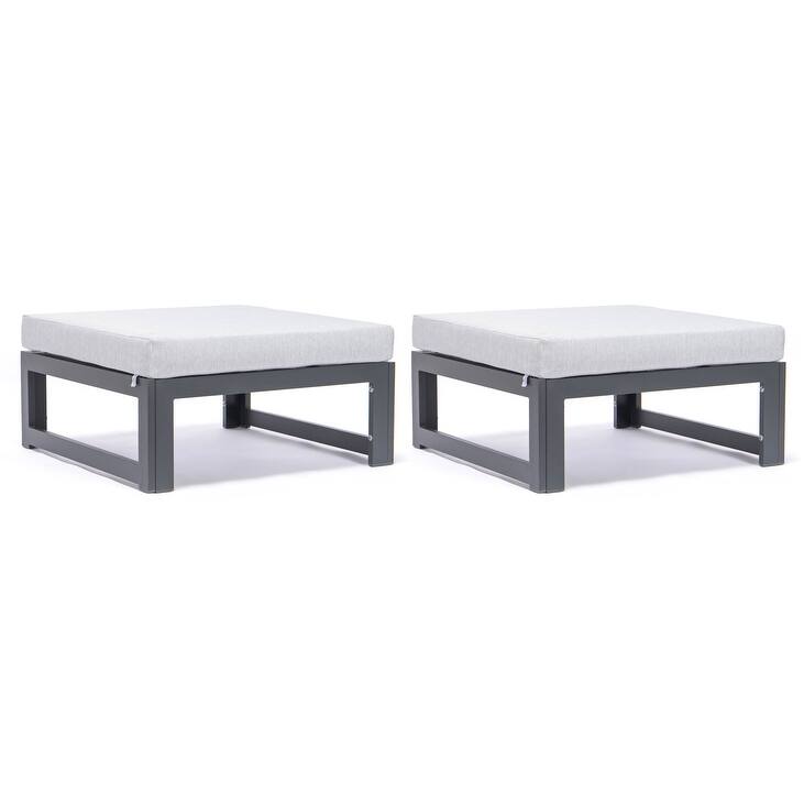 Chelsea Patio Ottoman in Black Aluminum with Cushions Set of 2 by LeisureMod - Light Grey